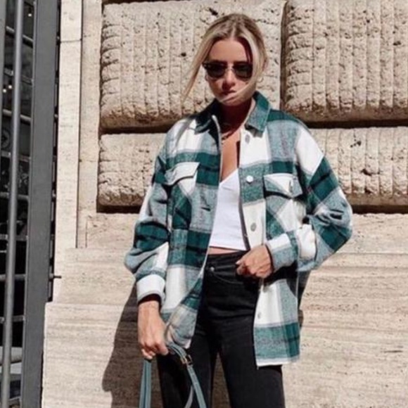 Green Wool Blend Waffle Knit Overshirt Shacket Coat - Picture 1 of 11